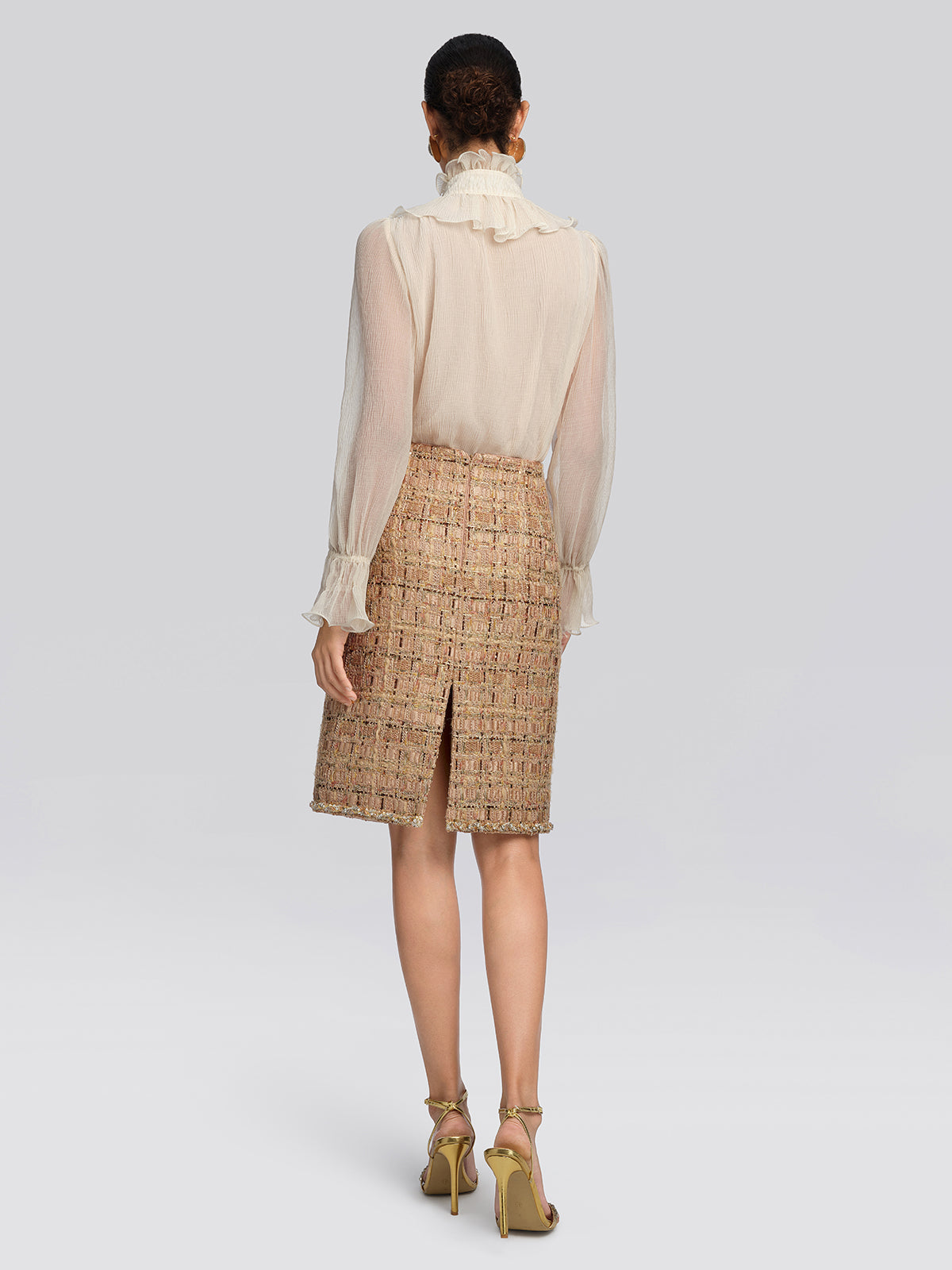 Textured Tweed Plaid Lace Trim Skirt