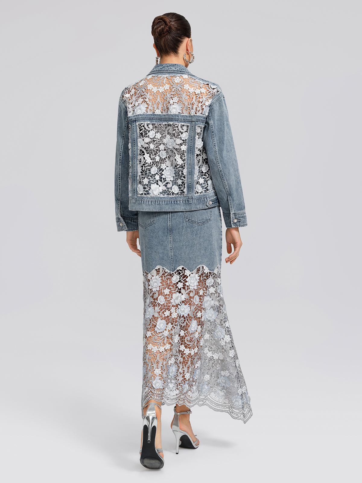Rhinestone Lace-Panel Denim Jacket
