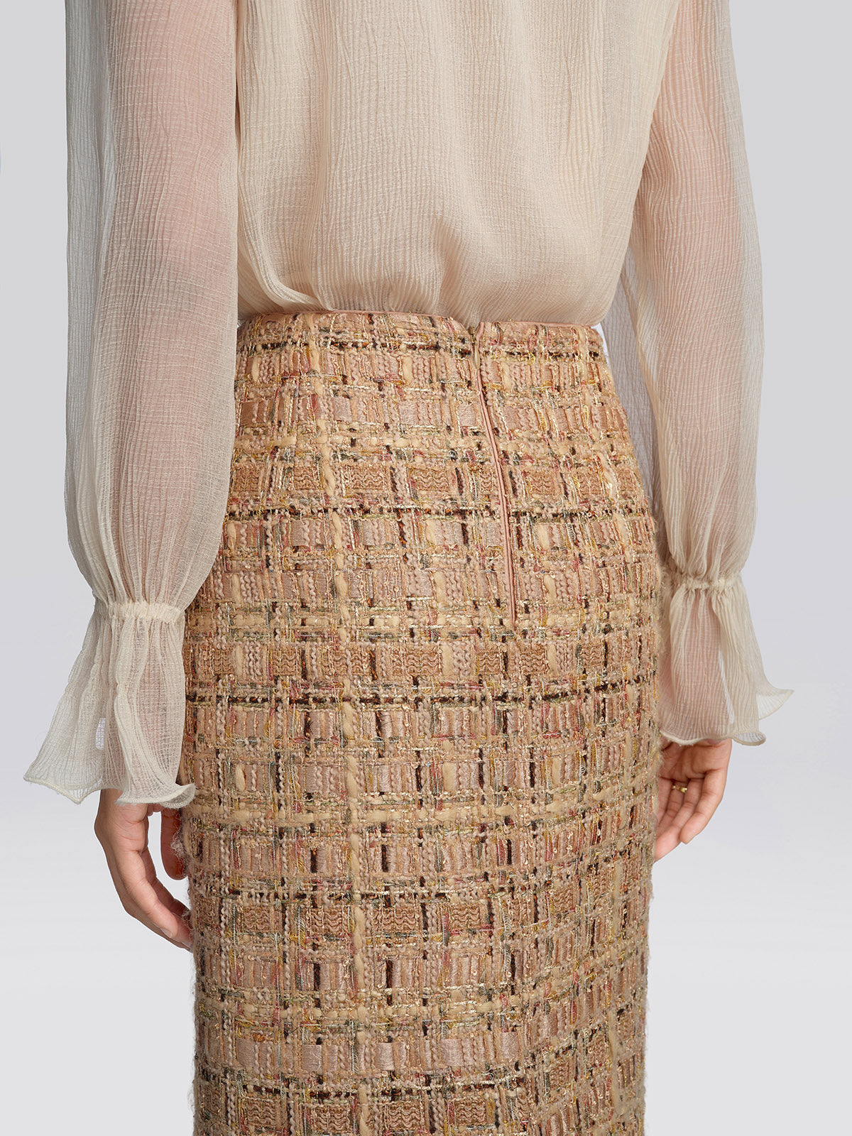 Textured Tweed Plaid Lace Trim Skirt