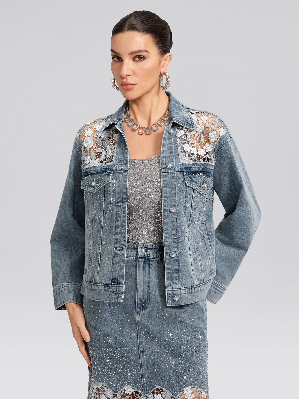 Rhinestone Lace-Panel Denim Jacket