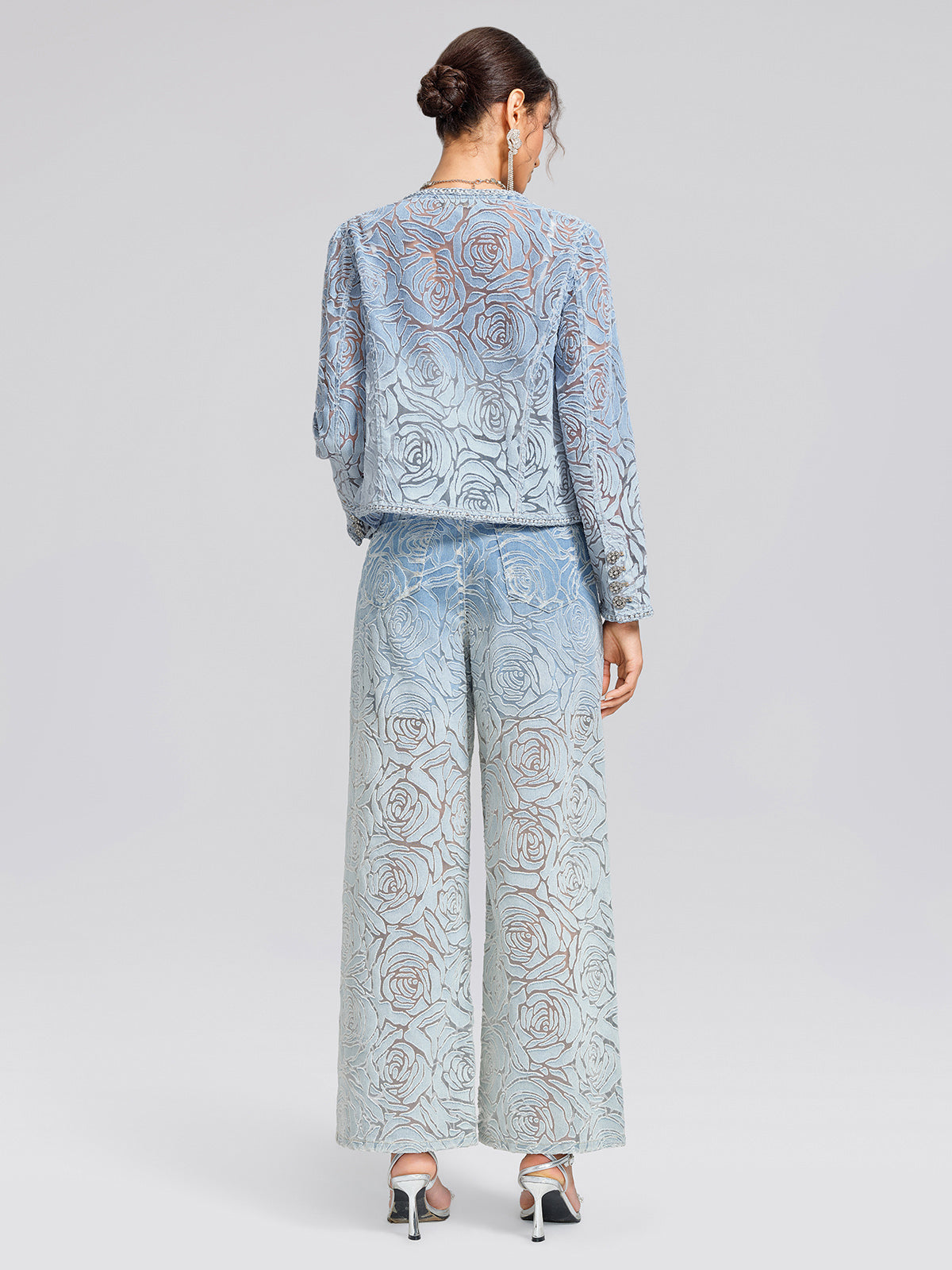 Denim Burnout 3D Rose Trim Jacket