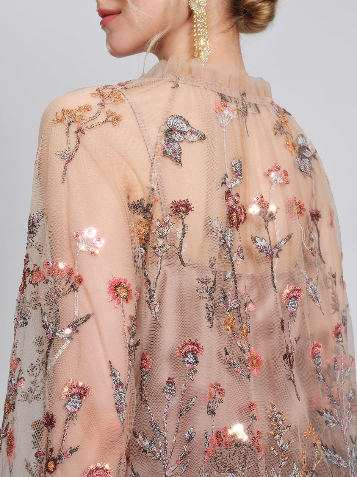 Mesh Embroidered Ruffle Tie-Neck Blouse