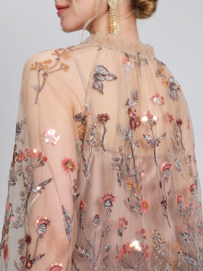 Mesh Embroidered Ruffle Tie-Neck Blouse