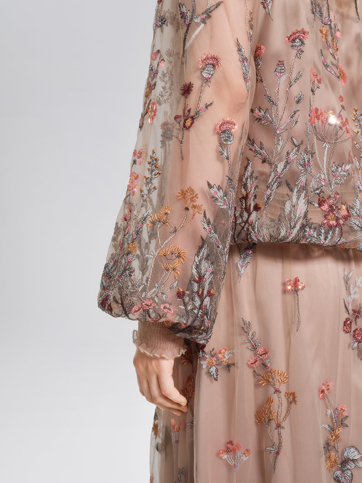 Mesh Embroidered Ruffle Tie-Neck Blouse