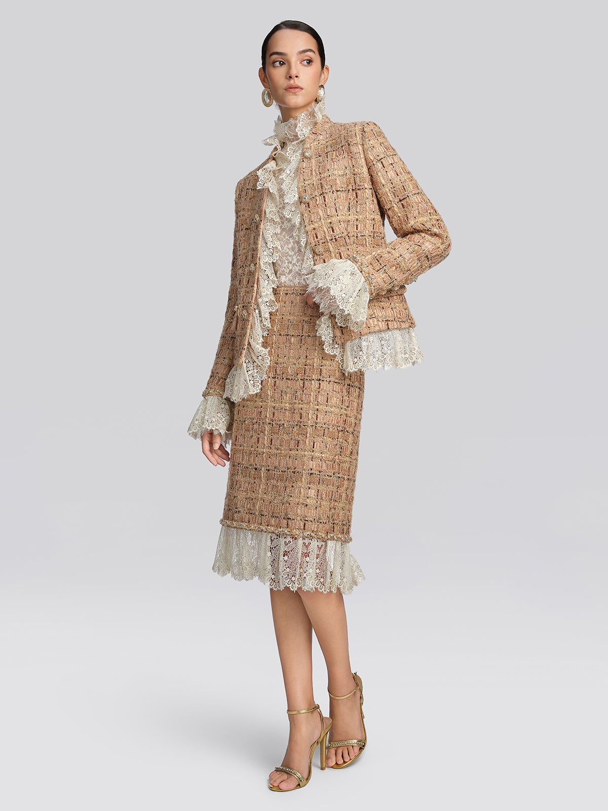 Textured Tweed Plaid Lace Trim Skirt
