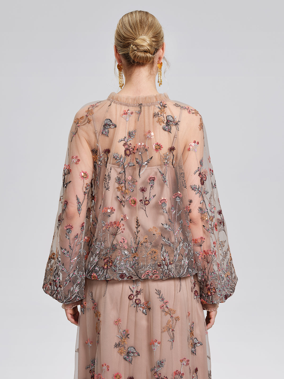 Mesh Embroidered Ruffle Tie-Neck Blouse