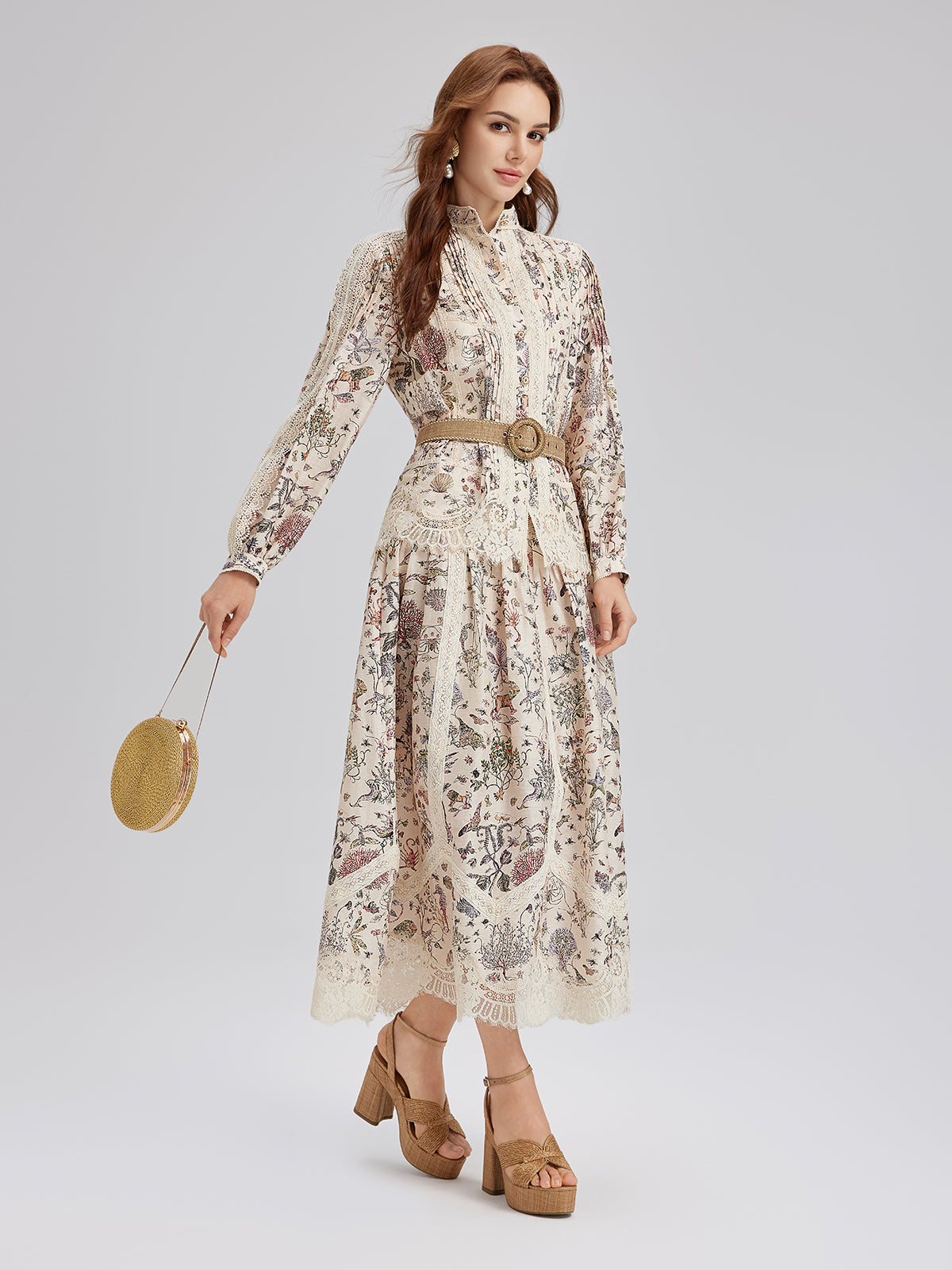 Silk-Linen Floral Lace Stand-Collar Shirt
