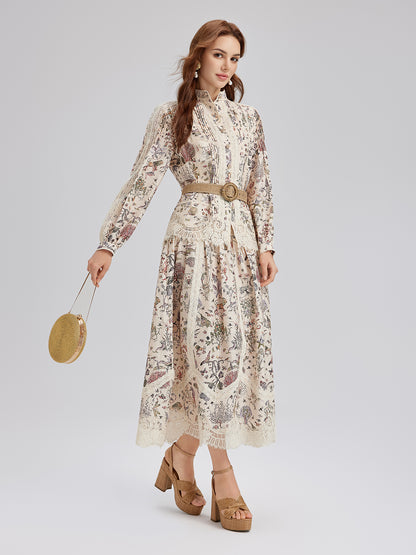 Silk-Linen Floral Lace Stand-Collar Shirt