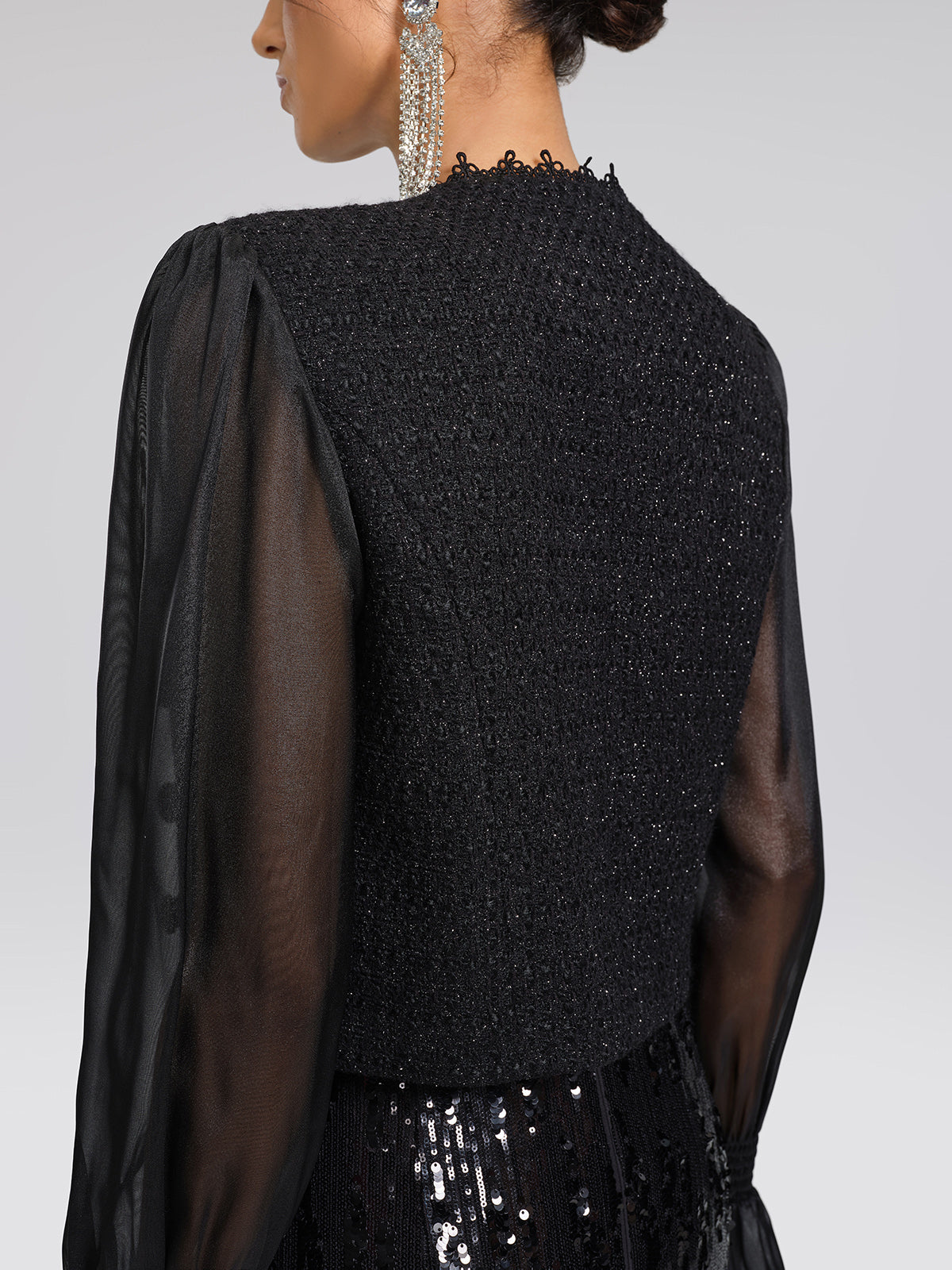 Tweed Lace-Trim Frog-Button Jacket