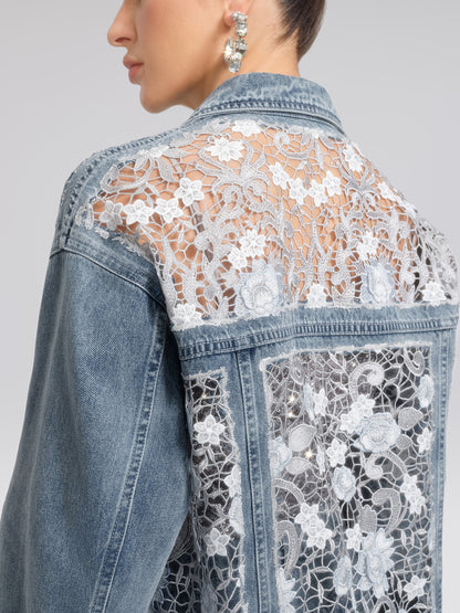Rhinestone Lace-Panel Denim Jacket