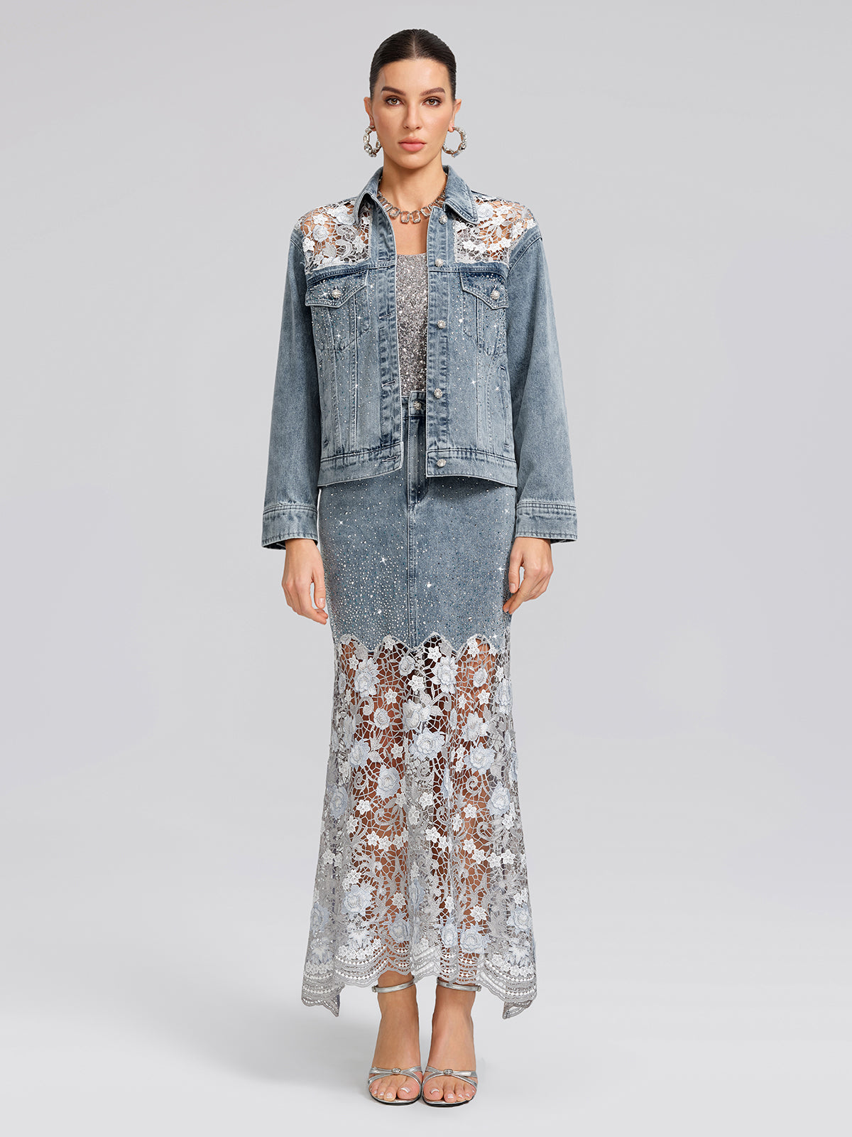 Rhinestone Lace-Panel Denim Jacket