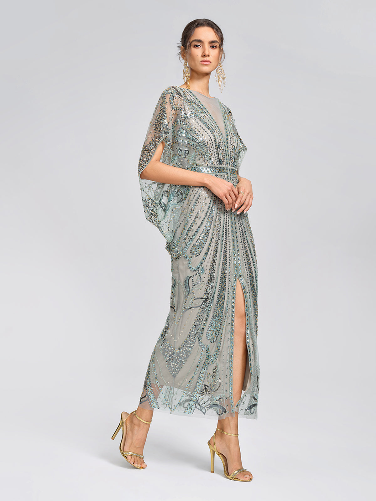 Beaded Sequin Mesh V-Neck Dress