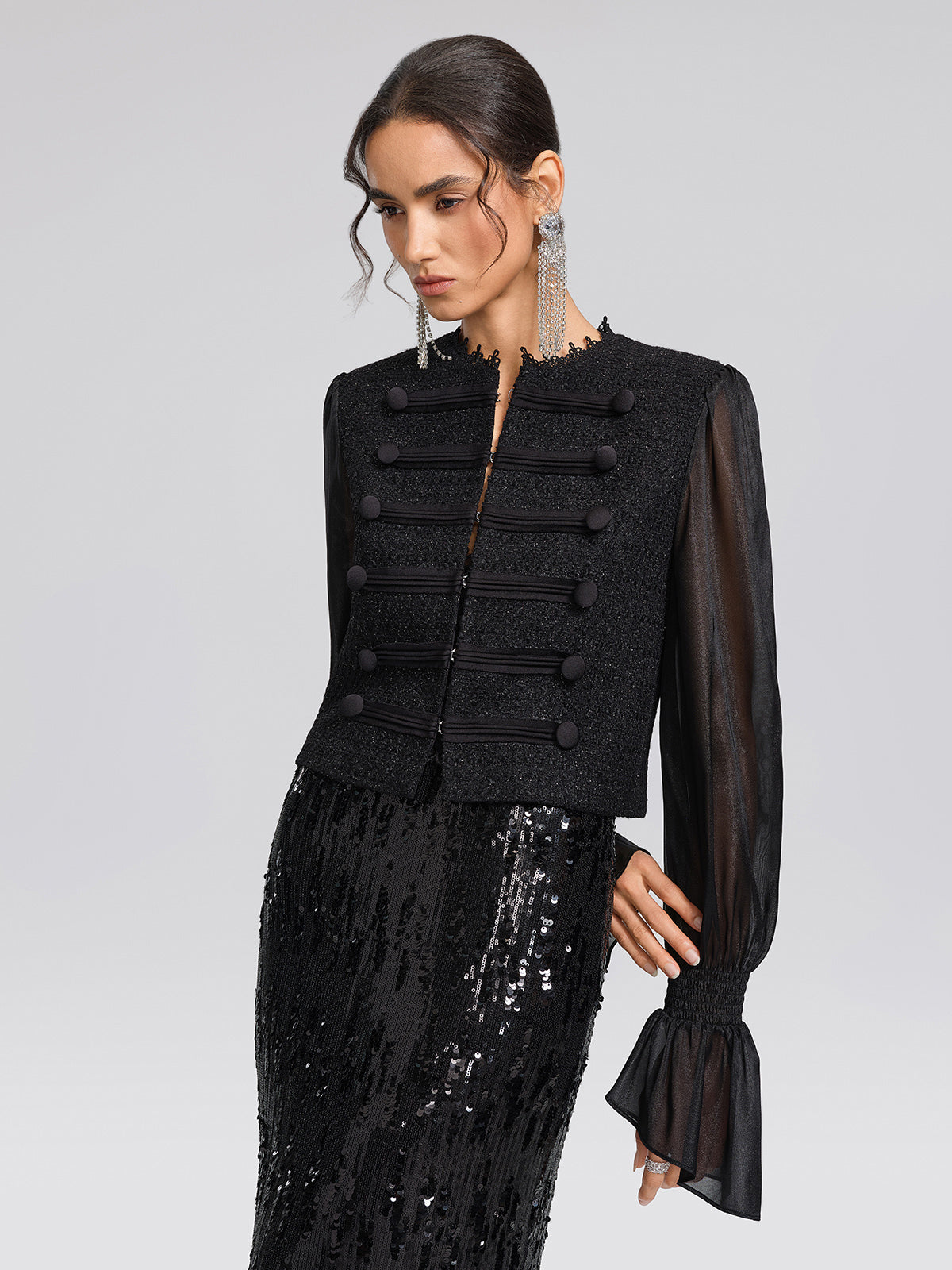Tweed Lace-Trim Frog-Button Jacket