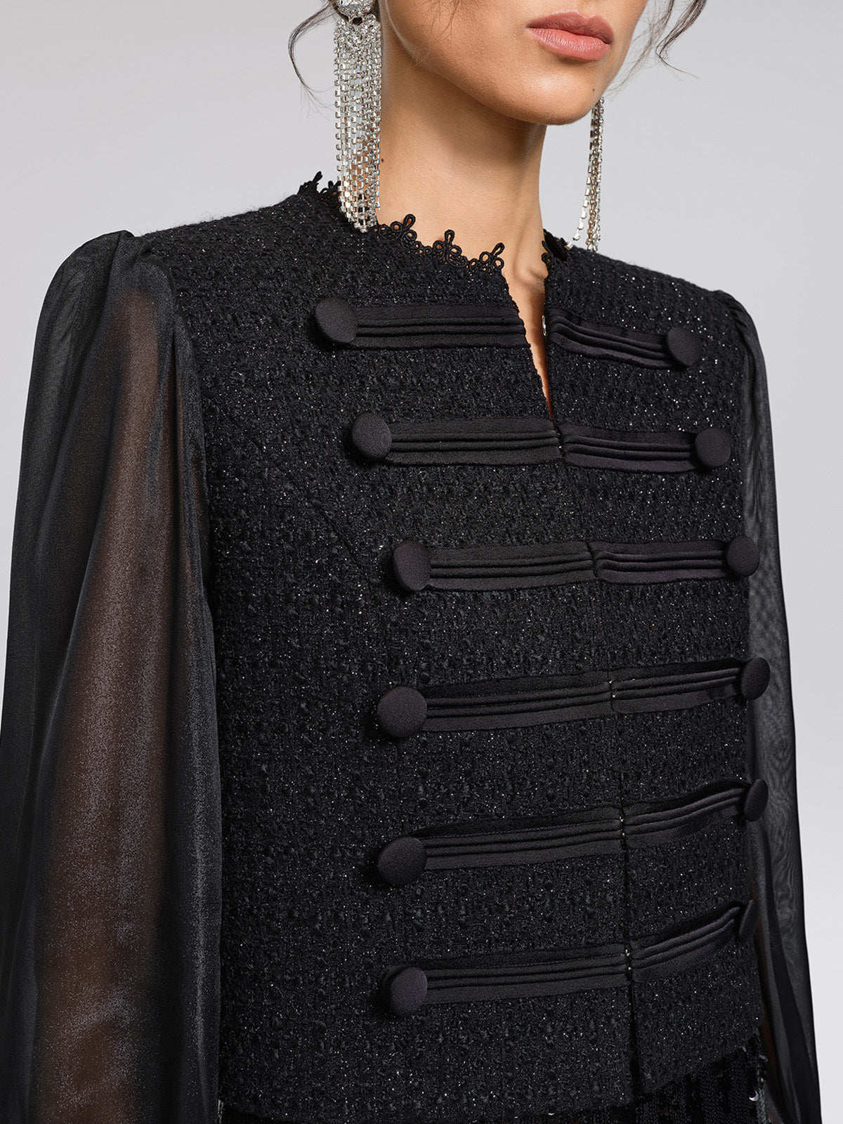 Tweed Lace-Trim Frog-Button Jacket