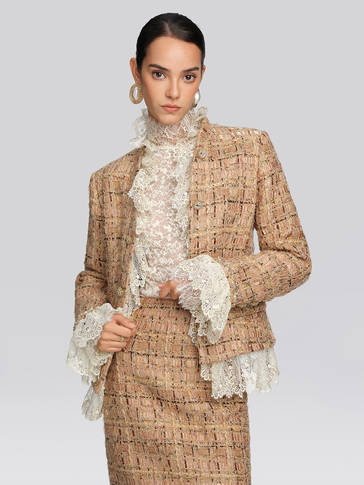 Textured Tweed Lace Trim Button Jacket