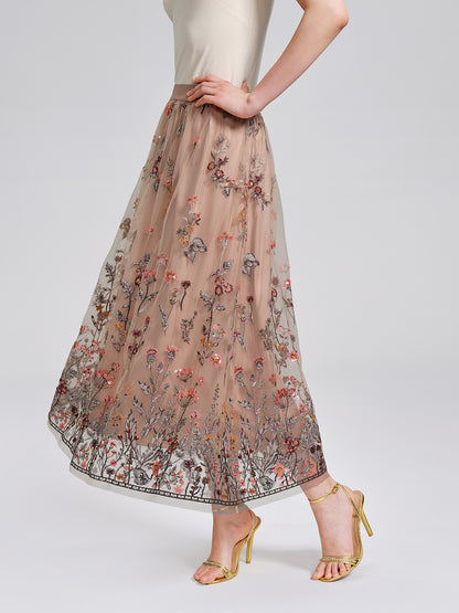Mesh Embroidered Flare Skirt