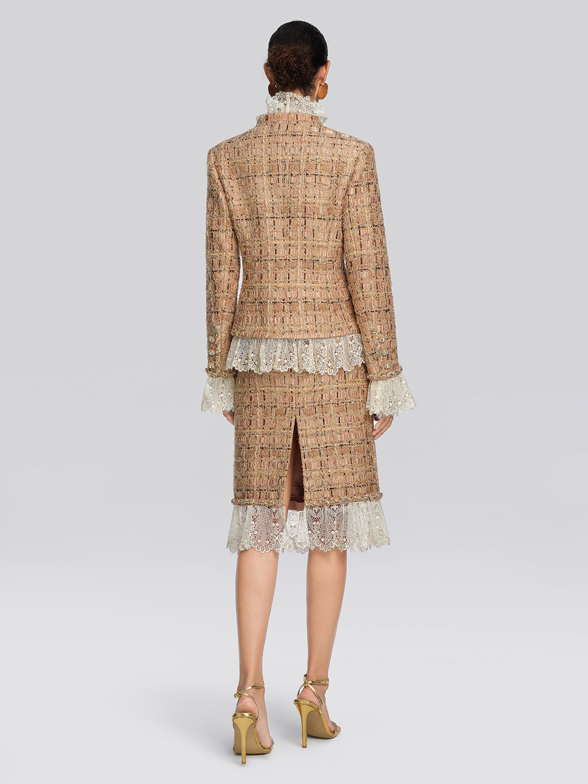 Textured Tweed Lace Trim Button Jacket