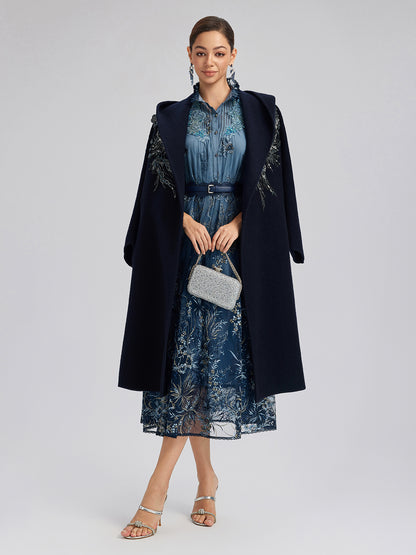 Sequin-Embroidered Double-Faced Wool Hooded Coat