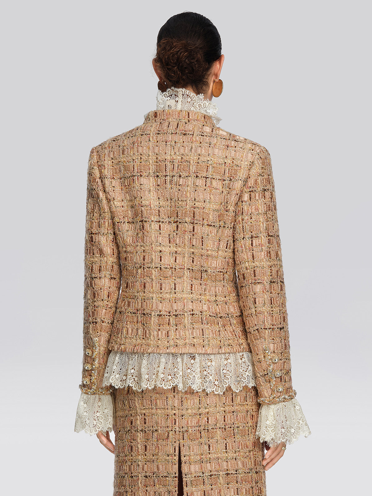 Textured Tweed Lace Trim Button Jacket