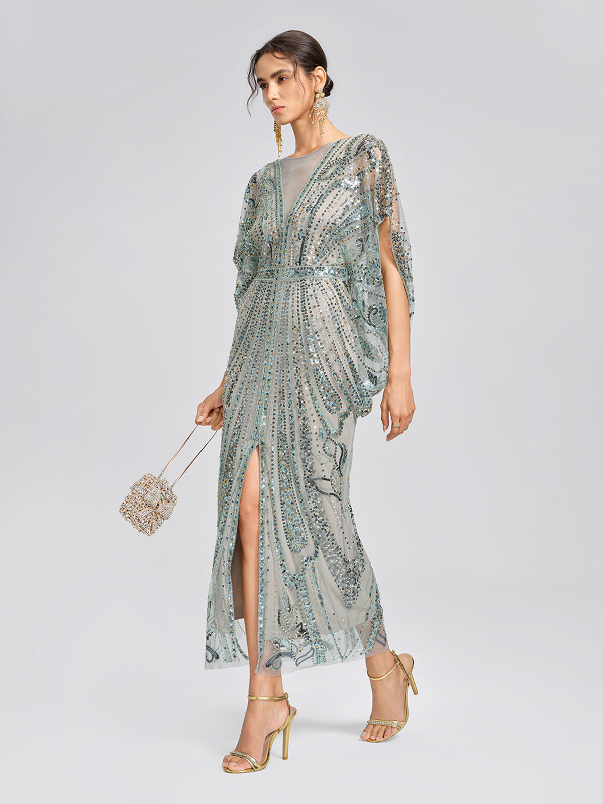 Beaded Sequin Mesh V-Neck Dress