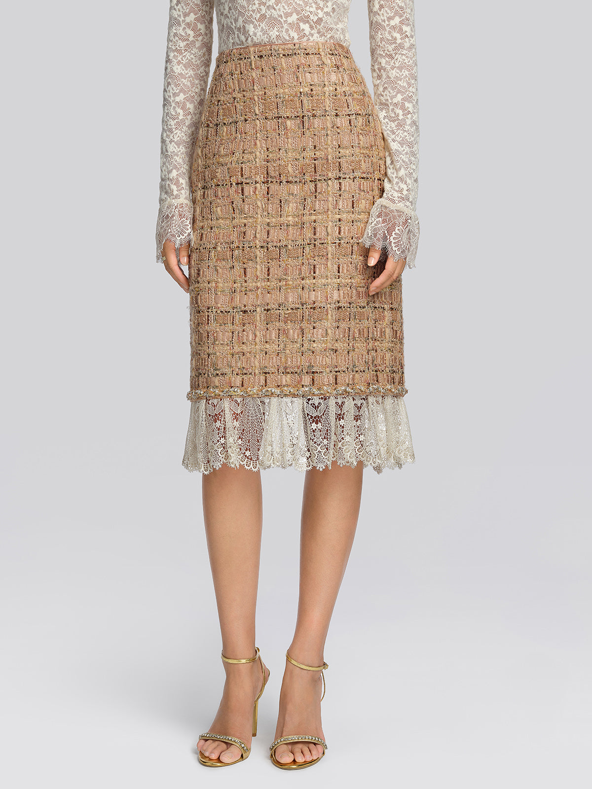 Textured Tweed Plaid Lace Trim Skirt