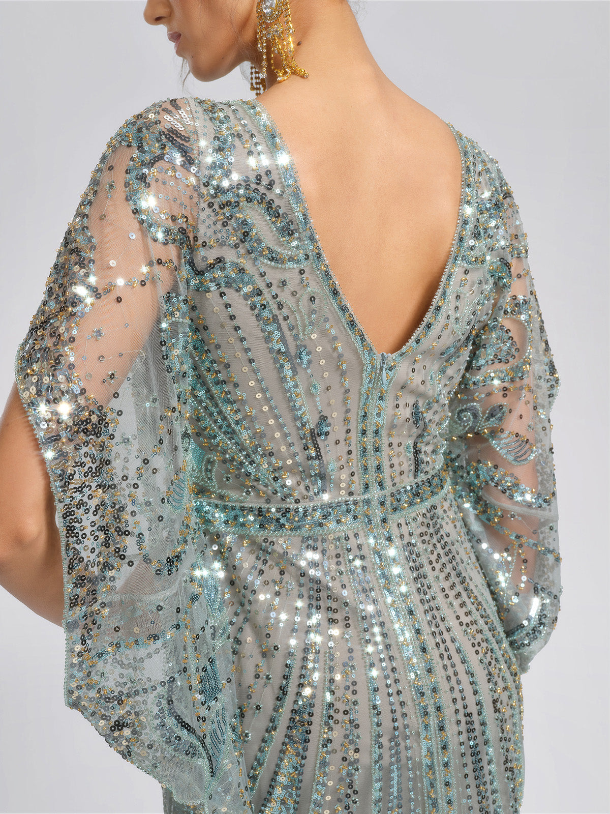 Beaded Sequin Mesh V-Neck Dress