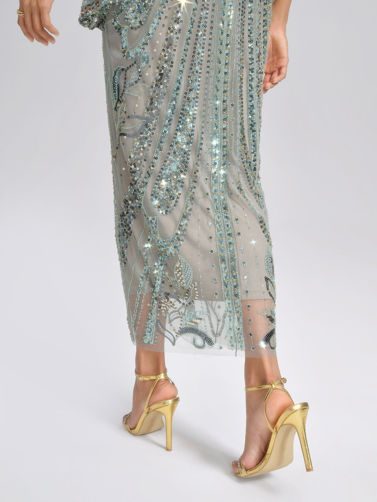 Beaded Sequin Mesh V-Neck Dress