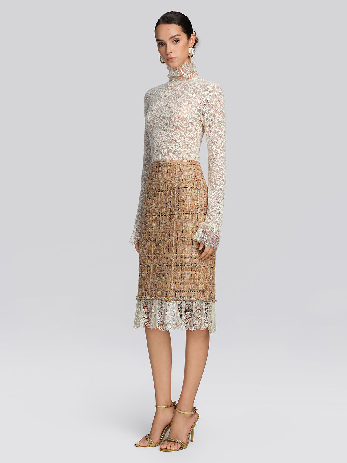Textured Tweed Plaid Lace Trim Skirt