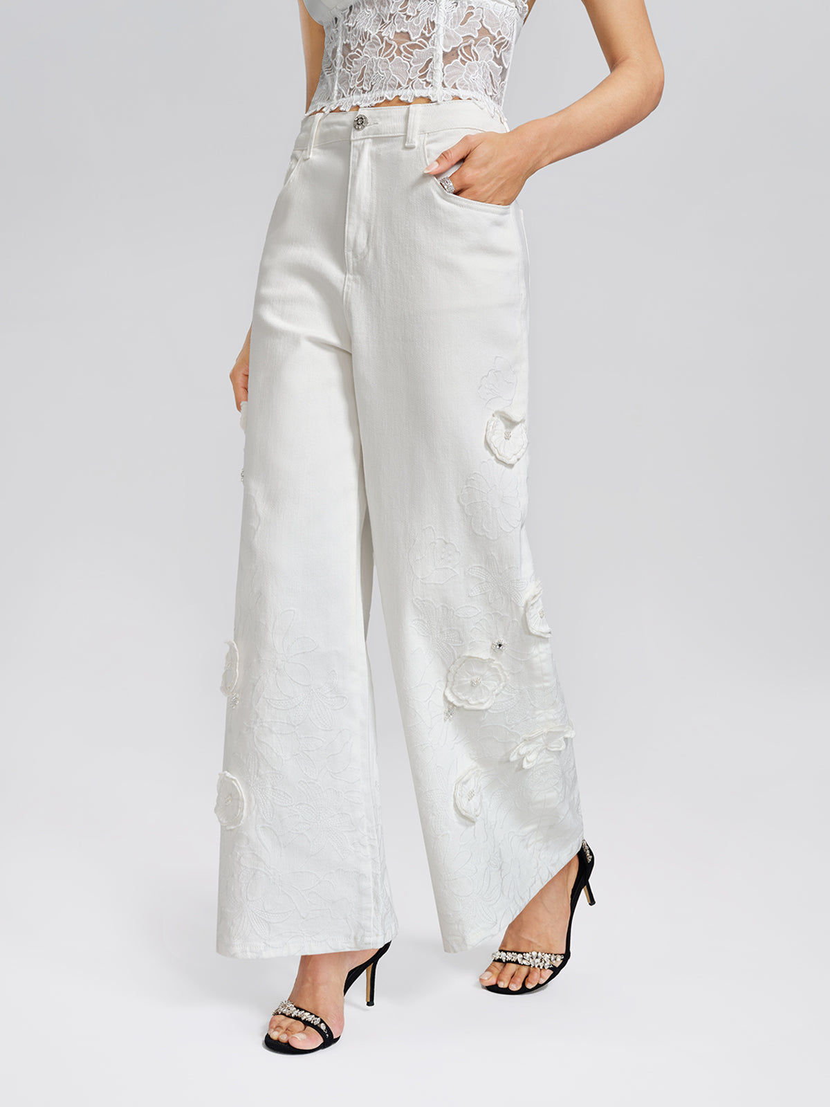 3D Floral Embroidered Beaded Wide-Leg Jeans