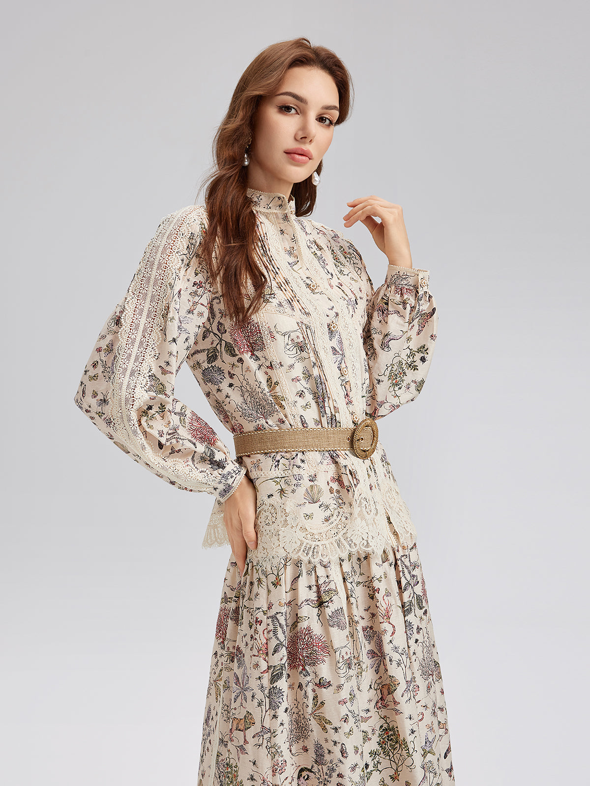 Silk-Linen Floral Lace Stand-Collar Shirt