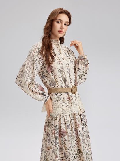 Silk-Linen Floral Lace Stand-Collar Shirt