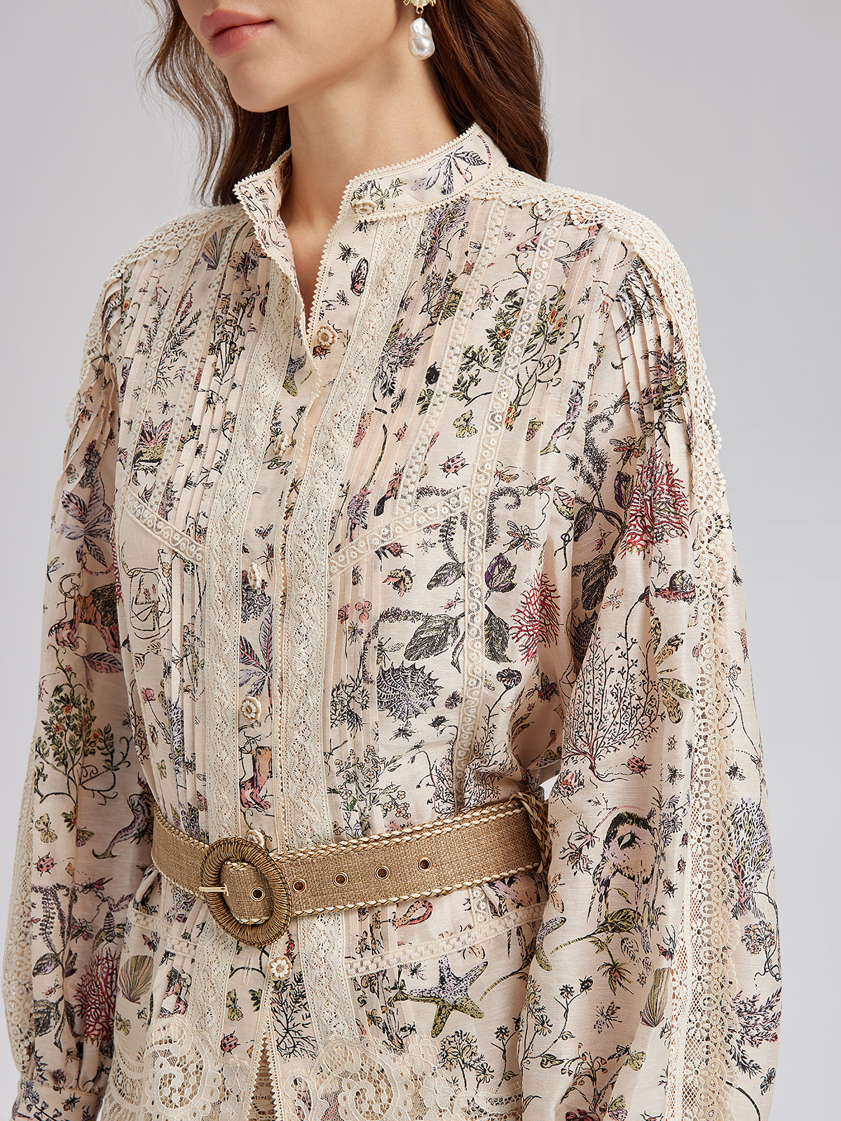 Silk-Linen Floral Lace Stand-Collar Shirt
