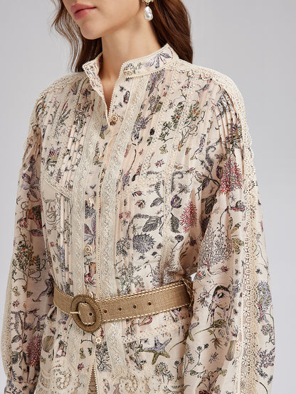 Silk-Linen Floral Lace Stand-Collar Shirt