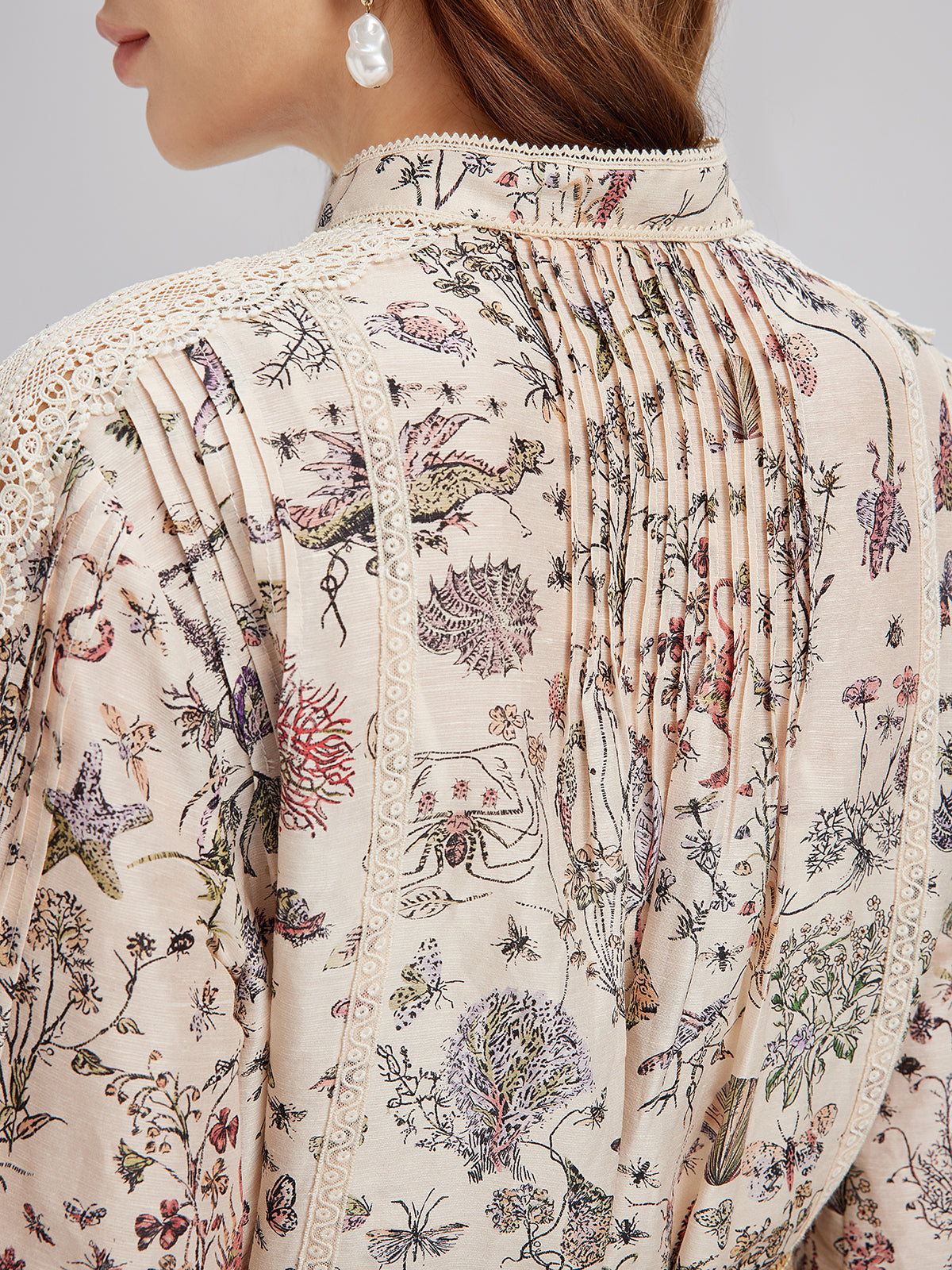 Silk-Linen Floral Lace Stand-Collar Shirt