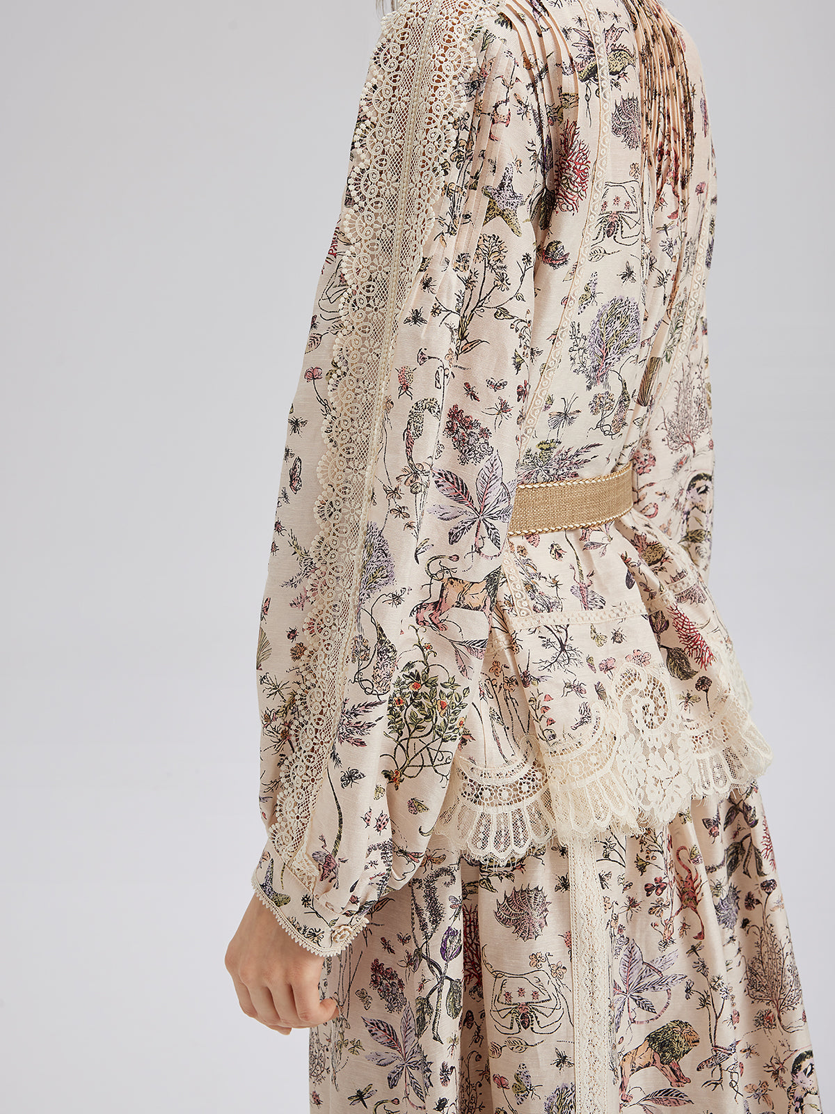 Silk-Linen Floral Lace Stand-Collar Shirt