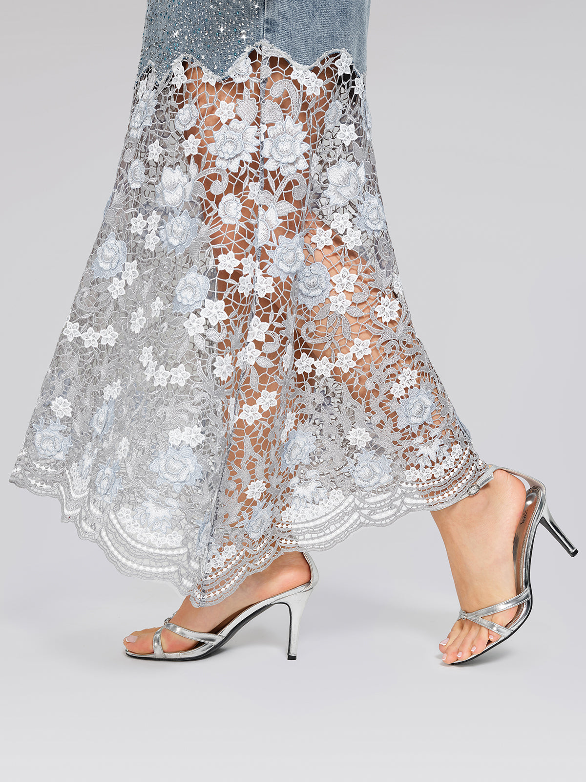 Rhinestone Lace-Panel Denim Skirt