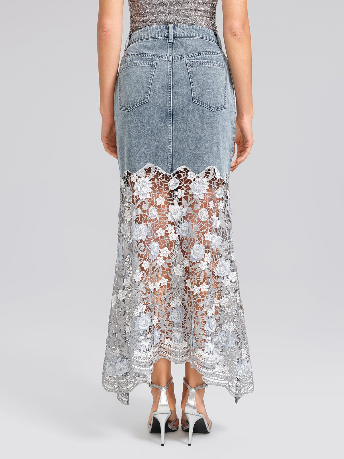 Rhinestone Lace-Panel Denim Skirt