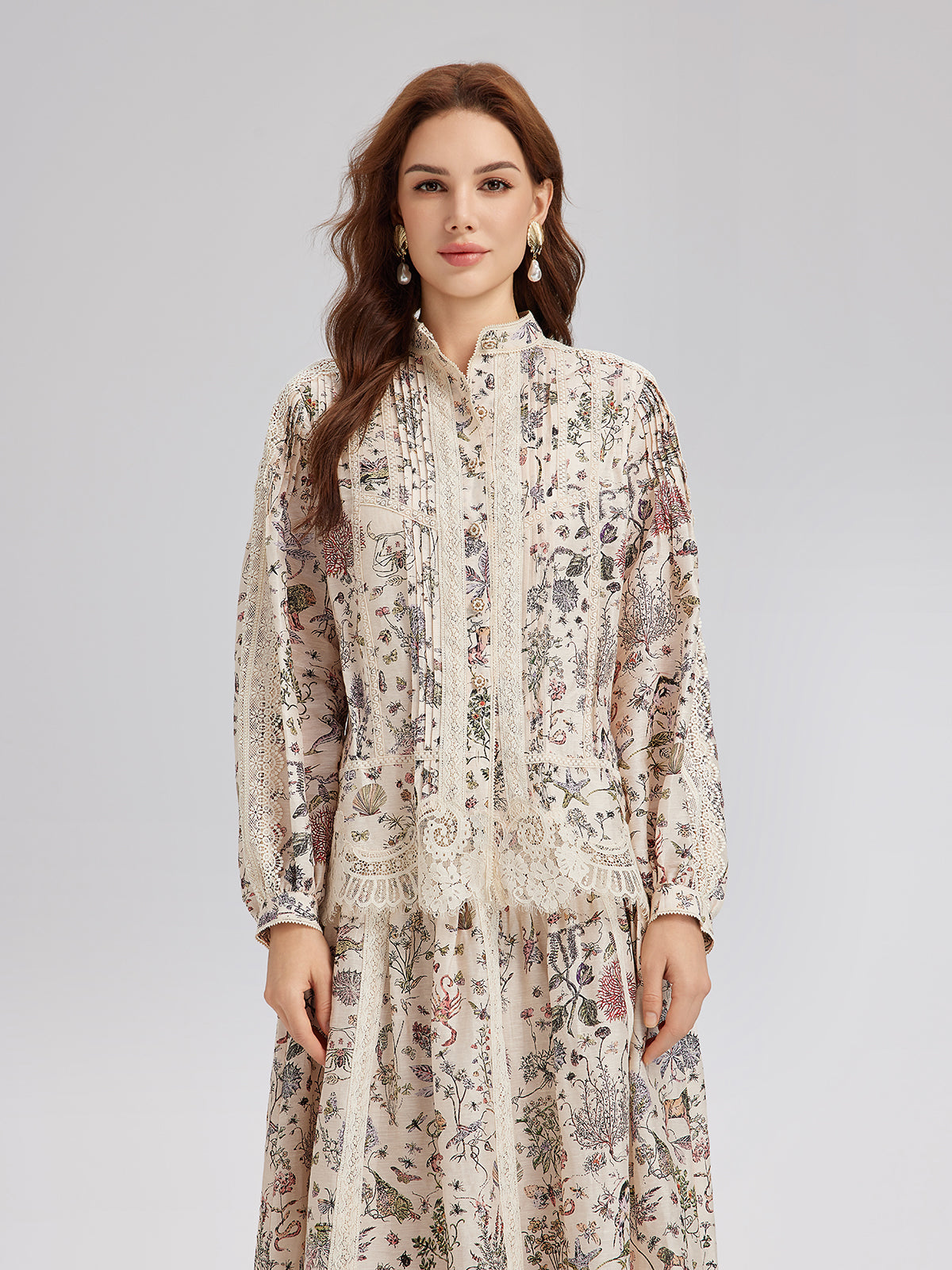 Silk-Linen Floral Lace Stand-Collar Shirt