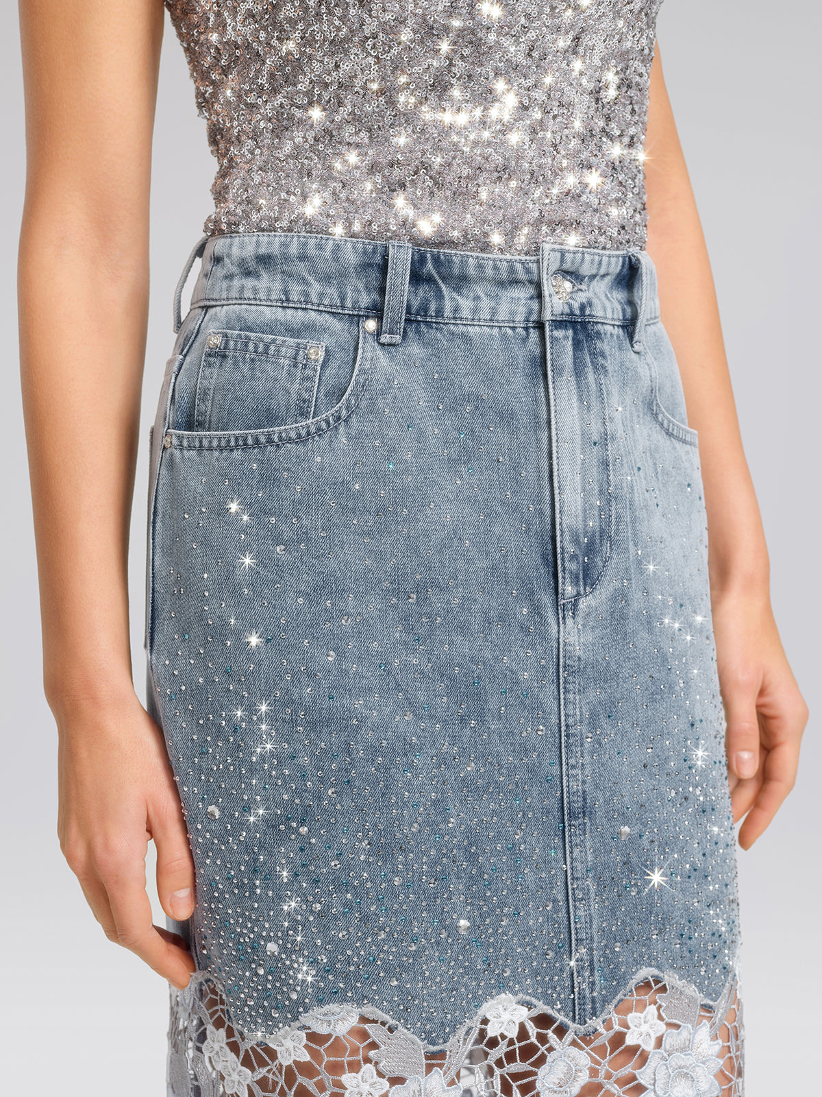 Rhinestone Lace-Panel Denim Skirt