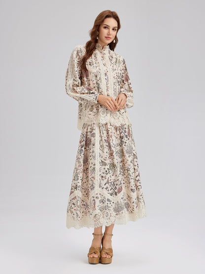 Silk-Linen Floral Lace Stand-Collar Shirt