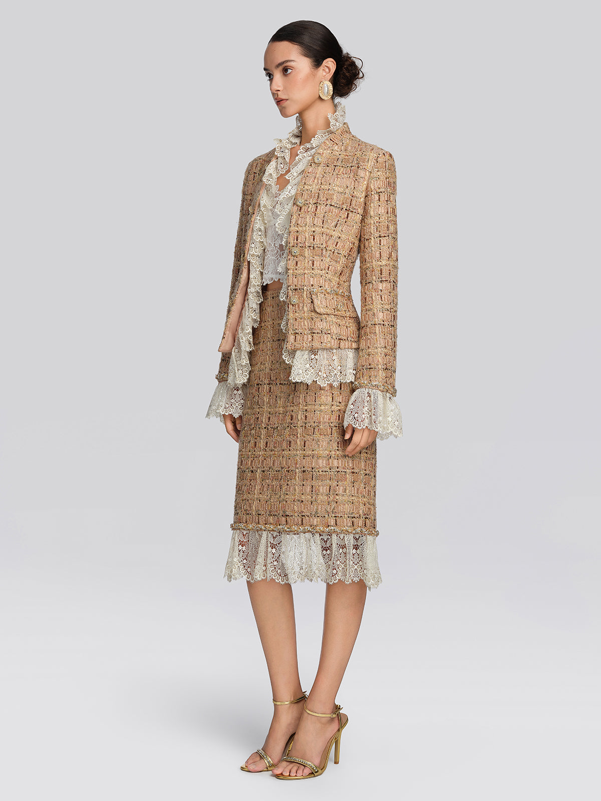 Textured Tweed Lace Trim Button Jacket