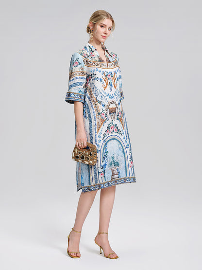 100% Linen Print Rhinestone Straight Dress