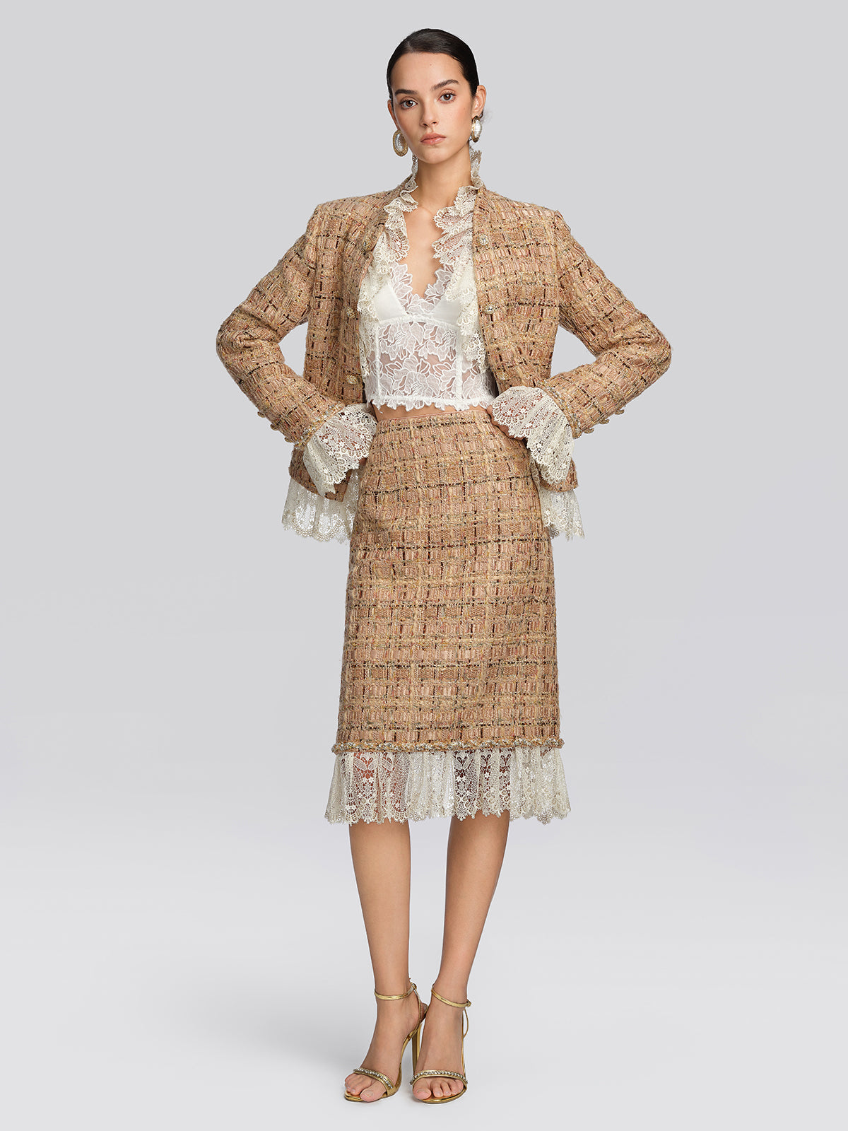 Textured Tweed Plaid Lace Trim Skirt
