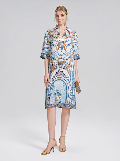 100% Linen Print Rhinestone Straight Dress