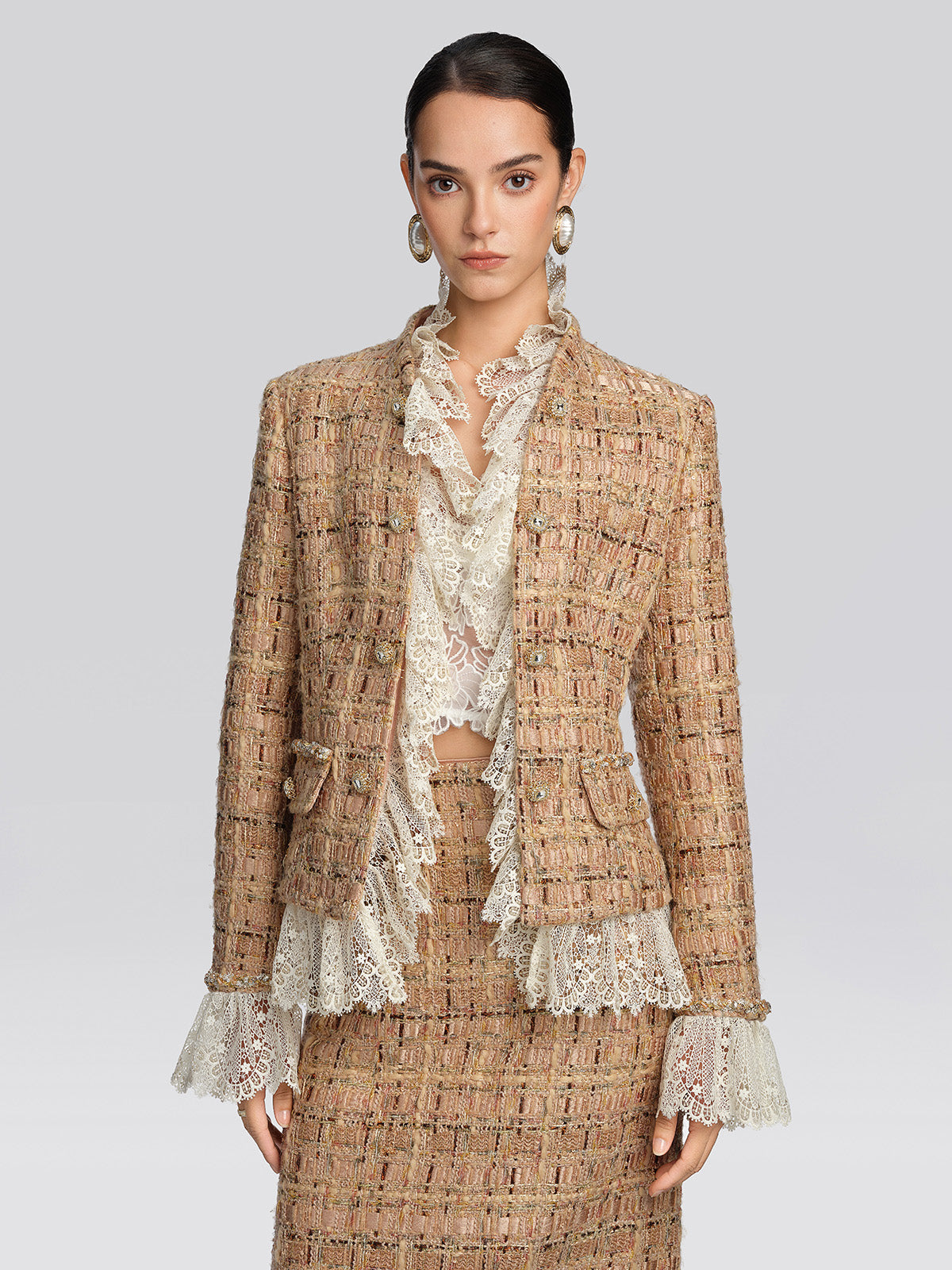 Textured Tweed Lace Trim Button Jacket