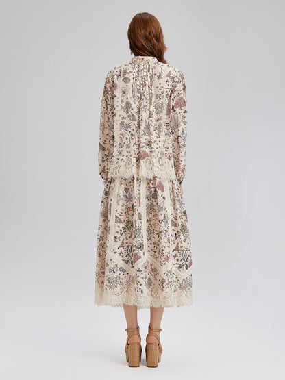 Silk-Linen Botanical Print Lace Skirt