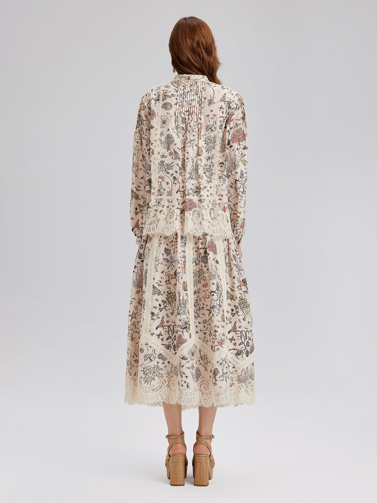 Silk-Linen Floral Lace Stand-Collar Shirt