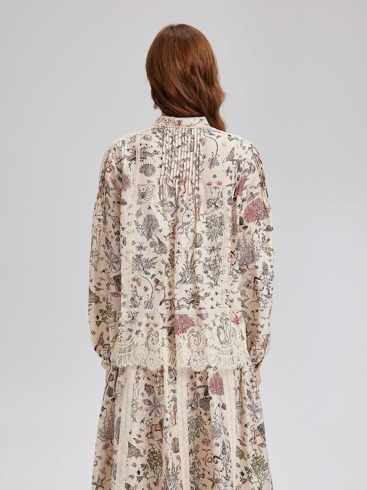 Silk-Linen Floral Lace Stand-Collar Shirt