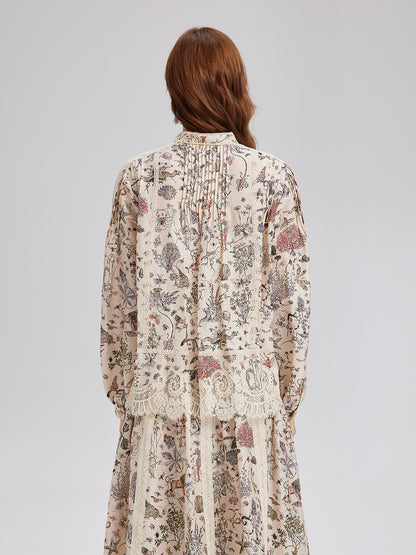 Silk-Linen Floral Lace Stand-Collar Shirt