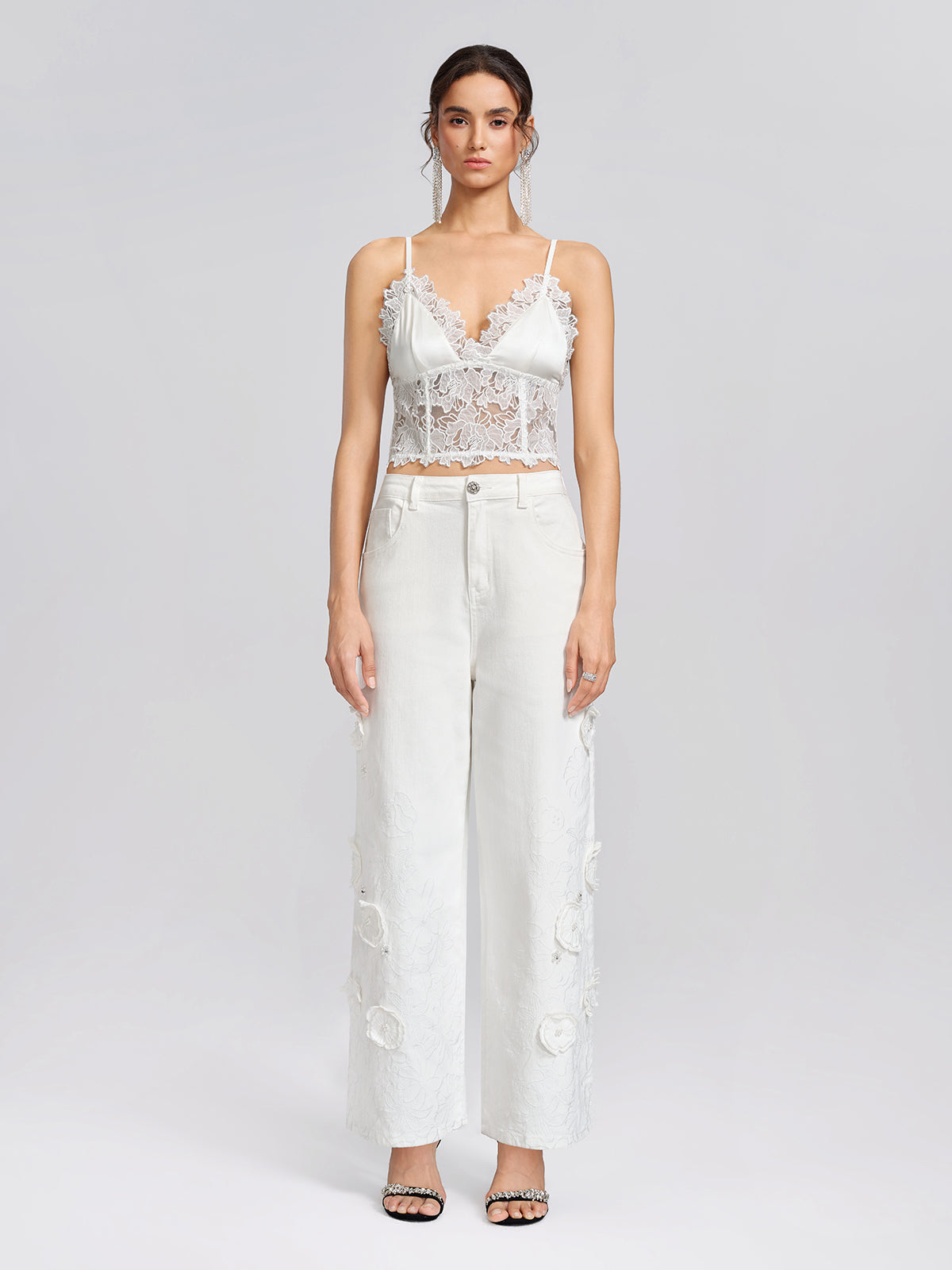 3D Floral Embroidered Beaded Wide-Leg Jeans